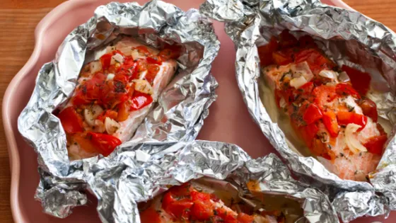 In Aluminiumfolie gegarter Lachs mit Kräutern, Tomaten und Zwiebeln! So hast du Lachs bestimmt noch nicht probiert!