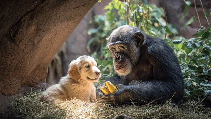 Filhote de cachorro escorrega para dentro de recinto de chimpanzés - o que os tratadores do zoológico testemunham em seguida é surpreendente!