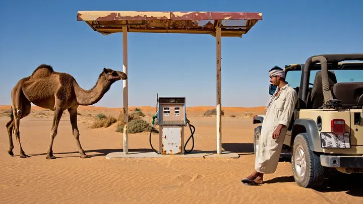 ラクダがガソリンスタンドに一人で現れる – ドライバーがそれを追って砂漠に入り、信じられない光景を発見する