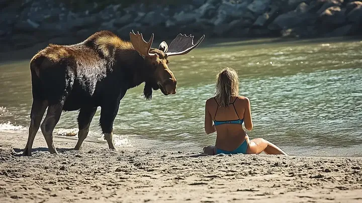Mulher segue alce até o mar depois que ele se aproxima dela na praia