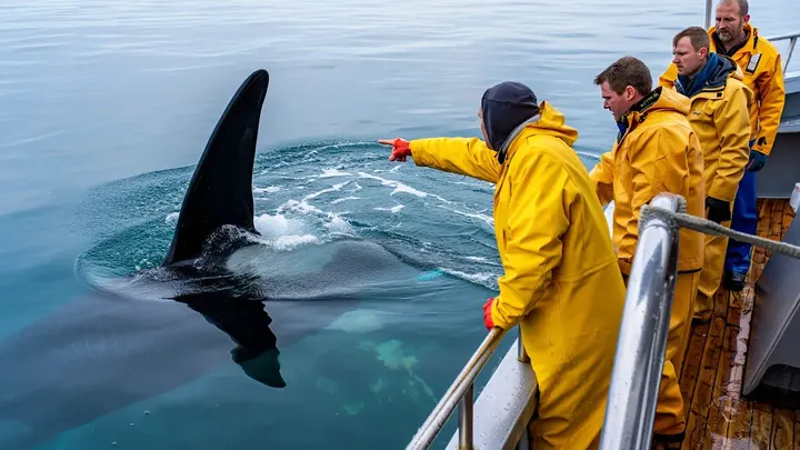 Orca umkreist Boot im offenen Wasser – als es auftaucht, sieht die Besatzung, was auf seinem Rücken ist