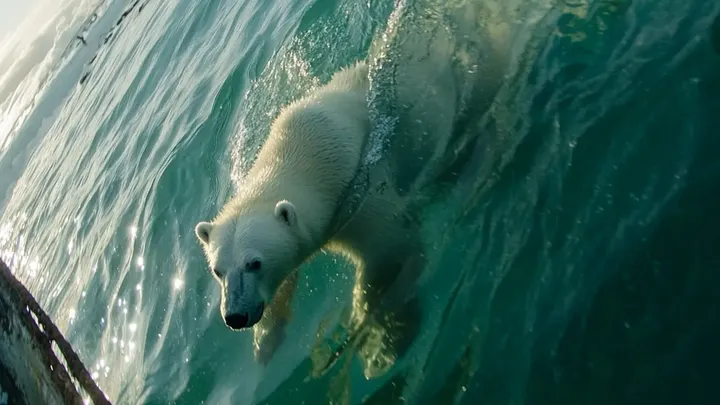 Un oso polar intenta llamar la atención de un barco pesquero. Cuando la tripulación se da cuenta del motivo, bajan un barco de rescate