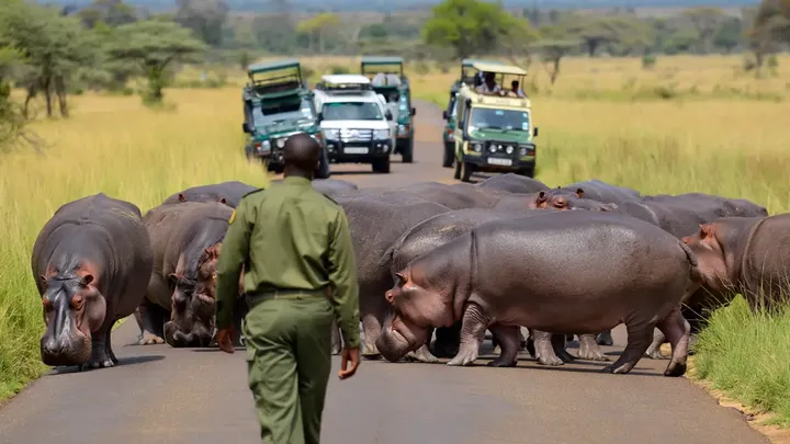 Hippo Herd Blocks Road for Hours – What They Were Protecting Stuns Onlookers