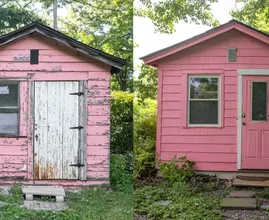 Woman Transforms Garden Shed into a Charming Pink Home