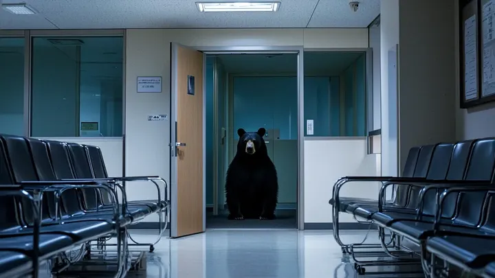 병원에 침입한 곰 - 입에 물고 있는 물건에 눈물을 흘리는 간호사