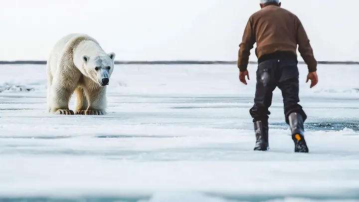Er dachte, er sei allein auf dem Eis - bis ein riesiger Eisbär auftauchte