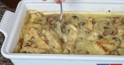 Rezept: sahniges Ofengericht mit Hühnchen und Champignons.