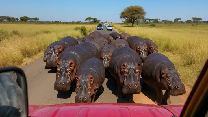 Hippo Herd Blocks Road for Hours – What They Were Protecting Stuns Onlookers