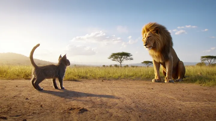 Un gato se adentra solo en la sabana - Lo que hace el león deja helado a todo el mundo