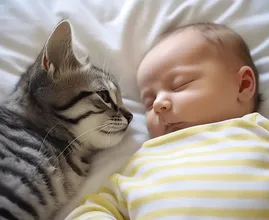 O gato não deixa o bebê dormir sozinho, então os pais colocam uma câmera noturna