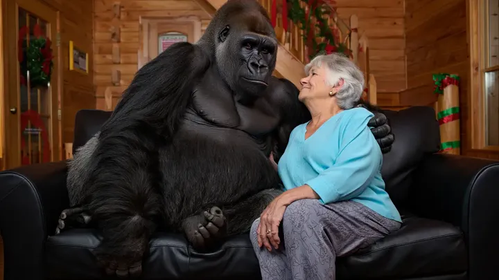 Diese ältere Dame lebt zusammen mit einem Gorilla als Haustier