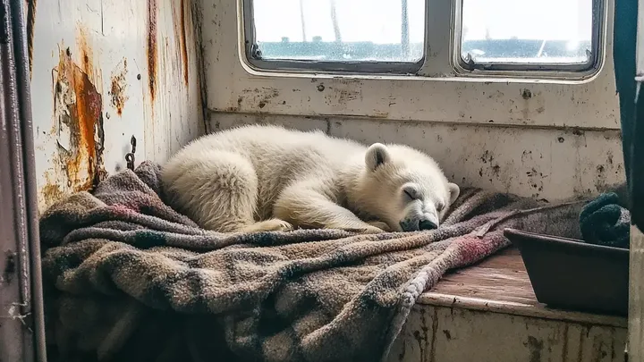 Urso polar tenta chamar a atenção de um navio de pesca. Quando a tripulação percebe o motivo, eles baixam um navio de resgate