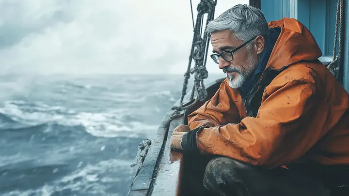 Un oso polar intenta llamar la atención de un barco pesquero. Cuando la tripulación se da cuenta del motivo, bajan un barco de rescate