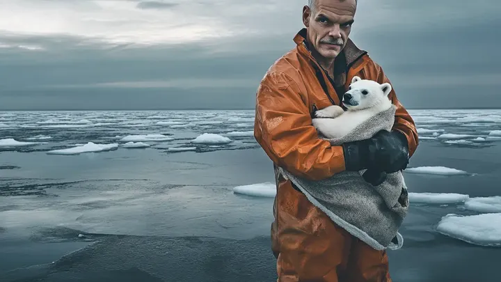 Un oso polar intenta llamar la atención de un barco pesquero. Cuando la tripulación se da cuenta del motivo, bajan un barco de rescate
