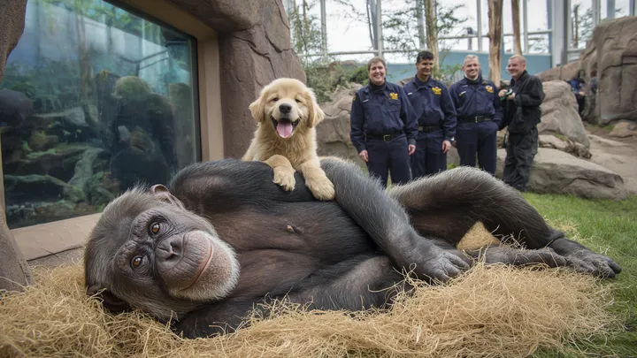 Filhote de cachorro escorrega para dentro de recinto de chimpanzés - o que os tratadores do zoológico testemunham em seguida é surpreendente!