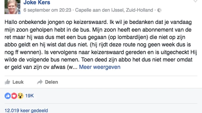 Moeder bedankt held in de bus: "Al ken ik je niet: ik weet dat jij een heel goed mens bent." Deel mee svp!