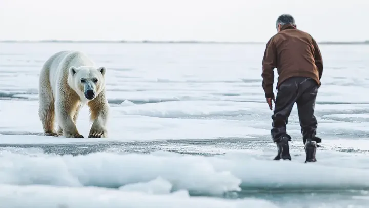 Er dachte, er sei allein auf dem Eis - bis ein riesiger Eisbär auftauchte