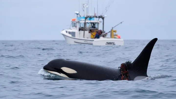 Orca umkreist Boot im offenen Wasser – als es auftaucht, sieht die Besatzung, was auf seinem Rücken ist