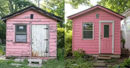 Woman Transforms Garden Shed into a Charming Pink Home