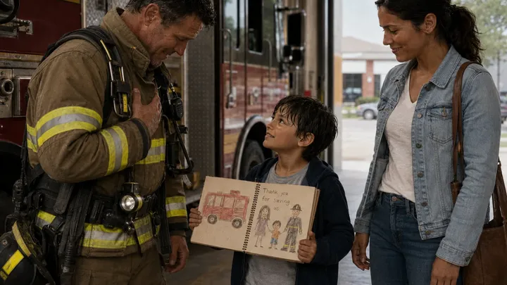 Ein kleiner Junge kommt mit einem Zeitungsausschnitt in die Feuerwache – als der Feuerwehrmann ihn liest, fängt er an zu weinen