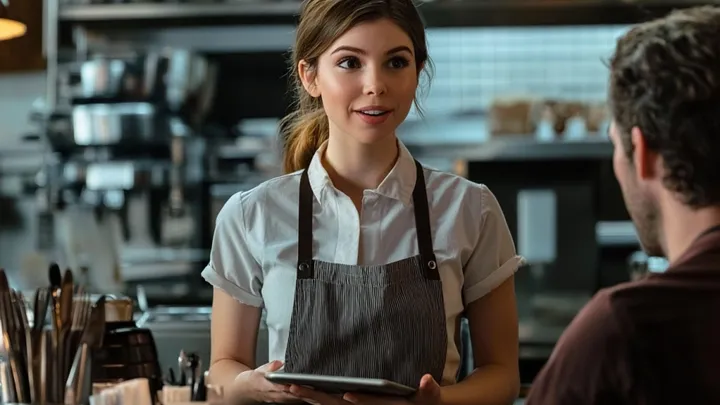 Anspruchsvolle Dame in einem Restaurant bekommt ihr Karma auf dem Silbertablett serviert