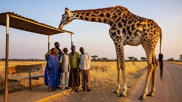 Giraffe Appears at Bus Stop – When It Lowers Its Neck, Everyone Stops Breathing