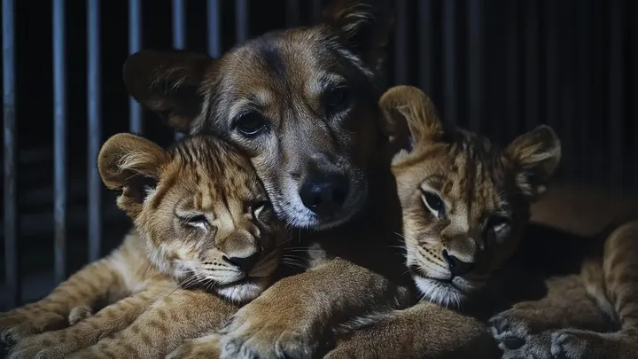 Een hond voedt 3 leeuwenwelpjes op - jaren later barst dierenverzorger in tranen uit als leeuw onverwachts doet