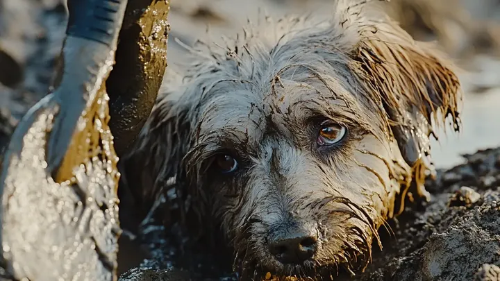 Hund steckt in Schlammpfütze fest. Retter ist fassungslos, als er sieht, was sich unter dem Hund versteckt