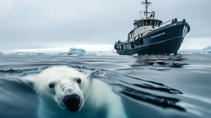 Un oso polar intenta llamar la atención de un barco pesquero. Cuando la tripulación se da cuenta del motivo, bajan un barco de rescate