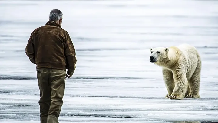 Er dachte, er sei allein auf dem Eis - bis ein riesiger Eisbär auftauchte