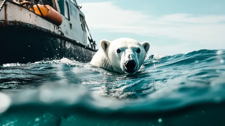 Un oso polar intenta llamar la atención de un barco pesquero. Cuando la tripulación se da cuenta del motivo, bajan un barco de rescate