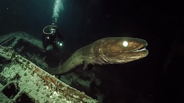 Diver Follows Giant Eel into Den After It Approaches Him Near a Sunken Ship