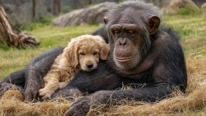 Filhote de cachorro escorrega para dentro de recinto de chimpanzés - o que os tratadores do zoológico testemunham em seguida é surpreendente!