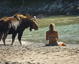 Kobieta podąża za łosiem do morza, gdy ten zbliża się do niej na plaży