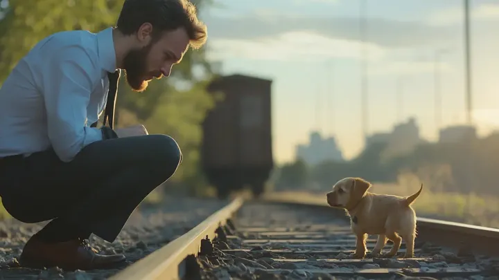 Puppy blokkeert spoorlijn, maar de echte reden dat hij niet kan bewegen breekt ieders hart