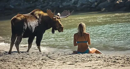 浜辺でヘラジカに襲われた女性、ヘラジカを追って海に入る