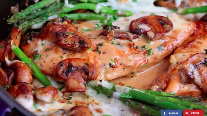 Rezept: saftiges Hühnchen mit Champignons und Spargel.