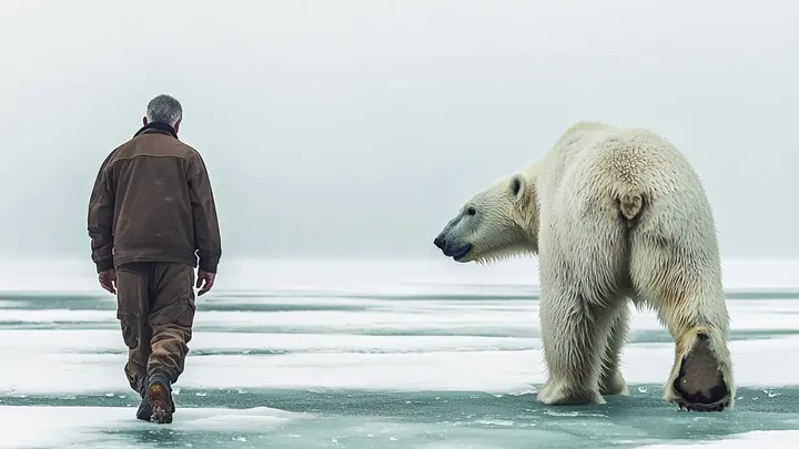 Er dachte, er sei allein auf dem Eis - bis ein riesiger Eisbär auftauchte