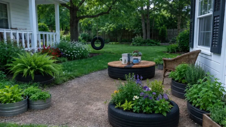 Vous n'allez pas en croire vos yeux : cette femme utilise de vieux pneus pour transformer son jardin en un véritable petit coin de paradis