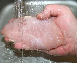 'Rohes Hühnchen sollte man immer vor dem Bearbeiten waschen'. So ist es richtig.