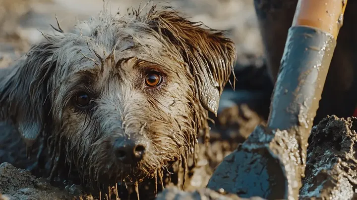 Cane bloccato in una pozza di fango. Il soccorritore resta sbalordito quando vede cosa si nasconde sotto il cane