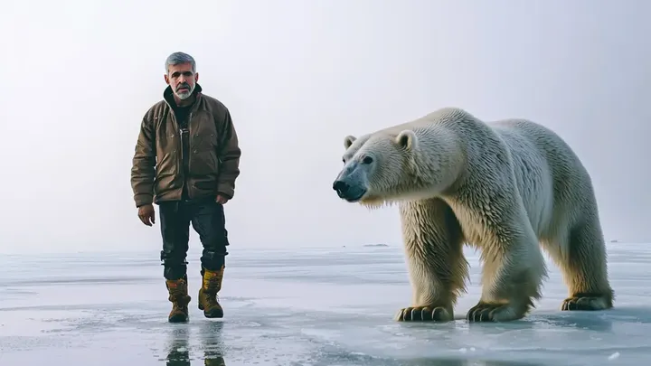 Er dachte, er sei allein auf dem Eis - bis ein riesiger Eisbär auftauchte