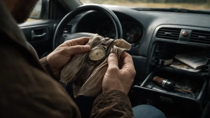 Il a loué la voiture la moins chère du parc. Voyez ce qu'il a trouvé dans la boîte à gants...