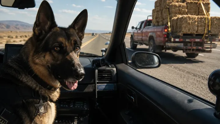 O cão policial não pára de ladrar aos fardos de feno… O agente empalidece quando abre um deles