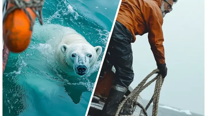 Urso polar tenta chamar a atenção de um navio de pesca. Quando a tripulação percebe o motivo, eles baixam um navio de resgate