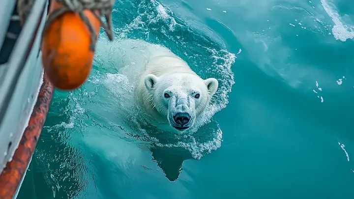 Urso polar tenta chamar a atenção de um navio de pesca. Quando a tripulação percebe o motivo, eles baixam um navio de resgate