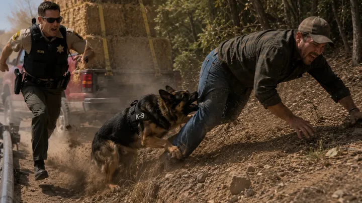 K9이 건초 더미를 향해 계속 짖어대자… 경찰관이 건초 더미 하나를 잘라 열어보니 얼굴이 새하얗게 질렸다
