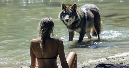 Frau folgt Wolf ins Meer, nachdem er sich ihr am Strand genähert hat