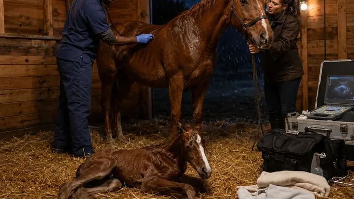 Een merrie bevalt, maar de dierenarts merkt al snel dat er iets mis is