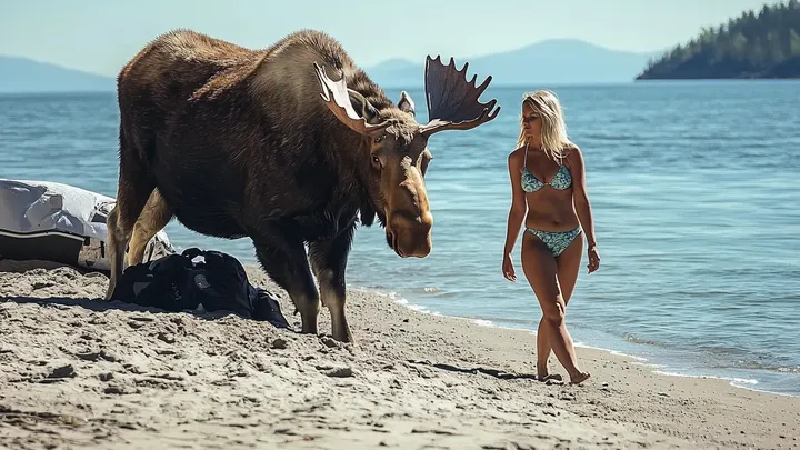 Una mujer sigue a un alce hasta el mar tras acercarse a ella en la playa